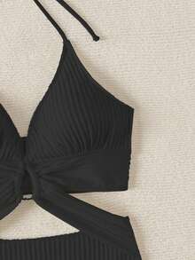 Swim Vcay 2026 Spring/Summer Solid Black & Silver Circular Ring Halter Deep V-Neck Sexy Backless Crop Top Bikini Swimsuit - Black - View 6