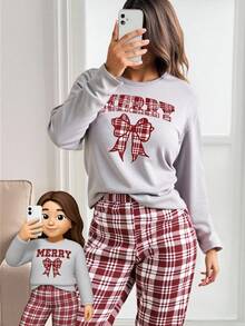 SHEIN 2 件套少女睡衣套装 - 红色格子蝴蝶结印花牛奶丝长袖上衣和全身格子宽松舒适裤，圣诞红色格子服装 1 套 - 灰色 - 查看 5