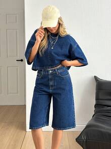 EURMUSE WOMEN Two Pieces OUTFIT DENIM TOP AND JORT SHORT HIGH WAIST JEAN - Medium Wash - View 5
