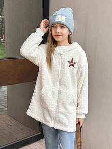 少女休闲百搭家居服及日常上学针织条纹毛领开襟中长款秋冬外套 - 彩色 - 查看 3
