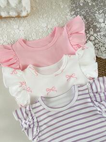 SHEIN Playful Pals 3件組女嬰夏季服裝可愛粉白條紋荷葉邊套頭T恤返校季畢業季3M-3Y時尚穿搭 - 彩色 - 查看 5