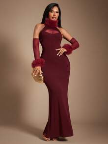 Radiana Women's Sexy Elegant Distinctive Burgundy Fluffy Collar Fitted Fishtail Dress, Includes Matching Fluffy Sleeve Cuffs, Stretchy Knit Fabric Hugs Curves, Red Dress, Sexy Backless Dress, Red Gown, Evening Dress, Annual Party Dress, Ball Gown, Banquet Dress, New Year Party Dress, Suitable For Dates, Gatherings, Banquets, Cocktail Parties, Clubs, Nighttime Outings, New Year's Eve, Christmas, Parties, Wedding Guest Dresses, Bridesmaid Dresses, Cocktail Parties, Graduation Dances, Holiday Attire - Burgundy - View 2