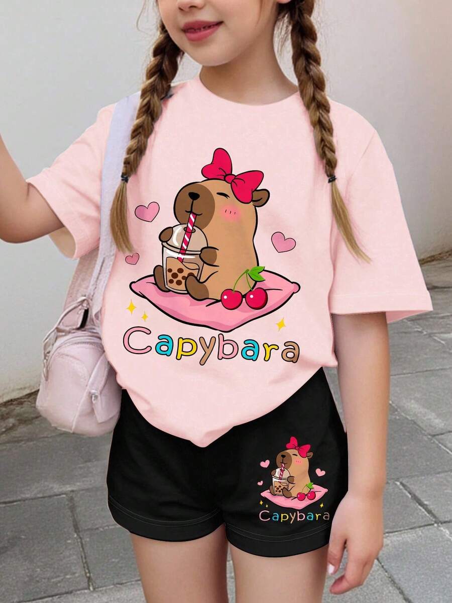 SHEIN Leap Crew 2 件套青少年女孩休闲简约短袖上衣和短裤套装,夏季 - 彩色 - 查看 1