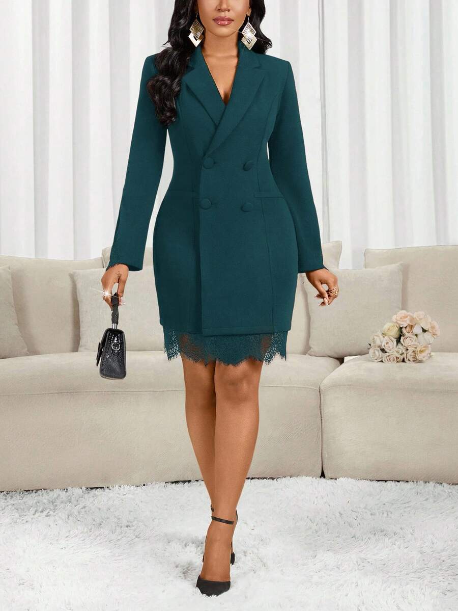 SHEIN Lady Women's Solid Color Minimalist Long Sleeve Short Casual Dress - Dark Green - View 1
