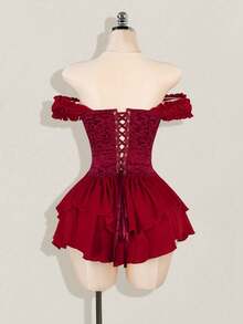 SHEIN ICON 女式白色褶皱提花腰带拼接褶皱荷叶边肩带露肩多层荷叶边下摆 A 字雪纺迷你连衣裙，优雅适合派对和休闲