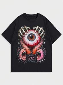 ROMWE MEN Anime Men's Casual Mouth & Eyeball Print Round Neck Short Sleeve T-Shirt, Summer - Black - View 1
