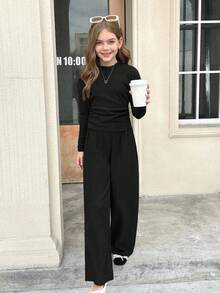 SHEIN Serisse Kids 少女纯黑色纹理针织侧褶皱高领修身长袖上衣T恤和阔腿裤两件套，休闲宽松T恤上衣搭配休闲宽松长裤，基础款，日常穿着，适合返校季 - 黑色 - 查看 6