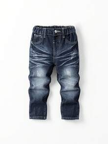 Young Boys Denim Jeans, New Arrival For All Seasons, Medium Blue Washed Denim, Casual & School Style, 3D Cat Whiskers & Faded Details, Slim Straight Fit, Comfortable Cotton Denim, Suitable For Daily Wear, School And Commute Streetwear Jeans Jeans For Boys - Blue - View 6