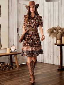 Wildy 波西米亚风夏季复古印花中长连衣裙，休闲美式西部乡村风格女装 - 彩色 - 查看 7