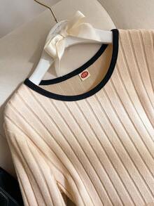 Elladie kids 少女休闲简约黑色滚边装饰层叠下摆长袖圆领秋冬时尚杏色连衣裙 - 杏色 - 查看 4