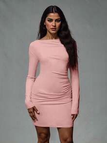 SHEIN PETITE Damen einfarbiges Sommerkleid mit langen Ärmeln, kurzes, lässiges Kleid, Herbstkleidung, Frauenkleider für den Herbst, Frauenkleidung für den Herbst, asymmetrische Kleider, Winterkleidung