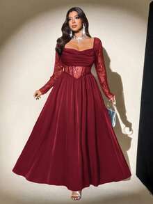 Viva Relle Robe midi évasée en satin à manches longues avec encolure drapée, patchwork de dentelle et découpes, taille noire. Robe maxi élégante vintage pour soirée décontractée