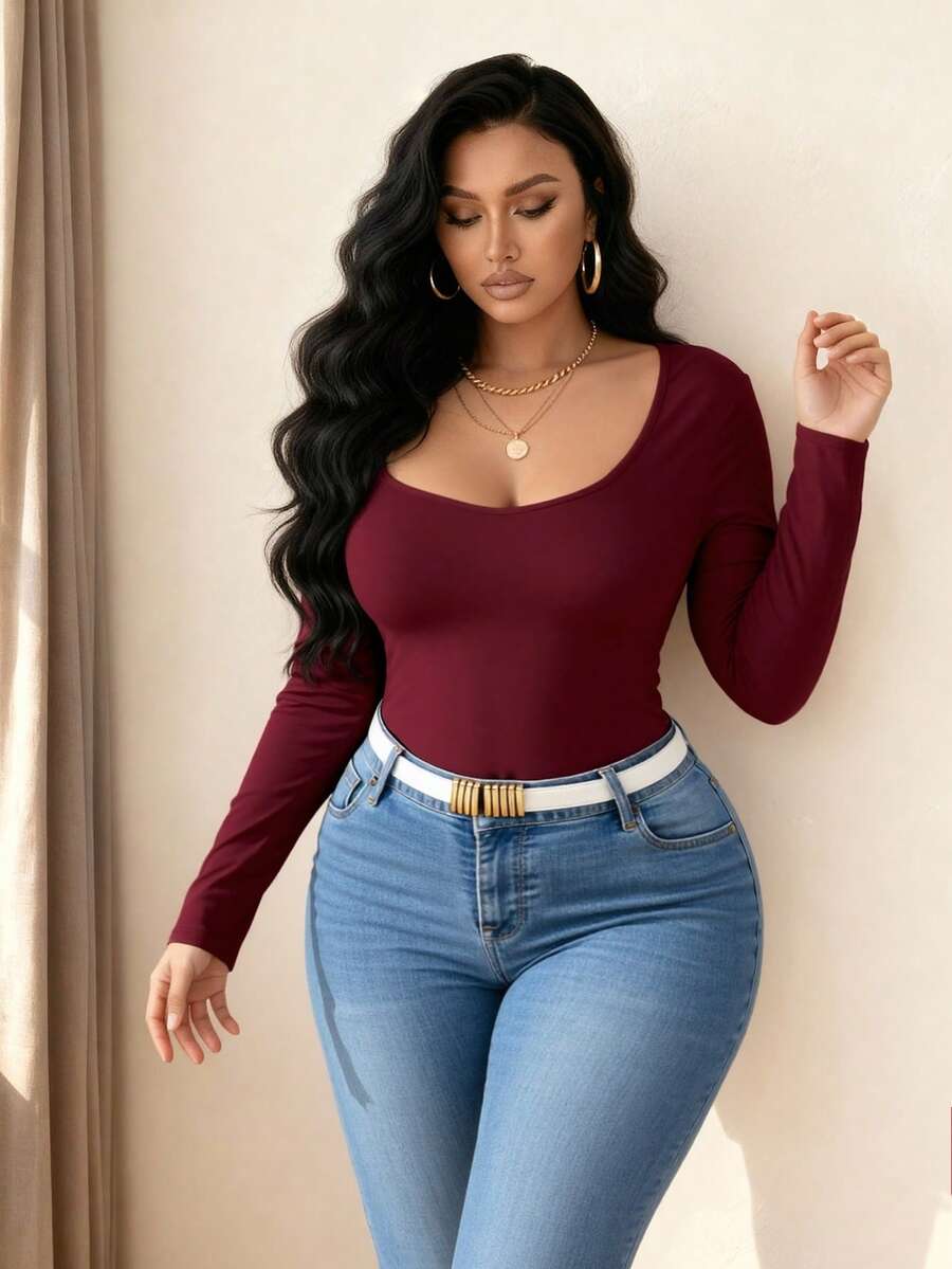 Elenzga T-shirt décontracté ajusté à manches longues et col rond, couleur unie, grande taille pour femmes - Rouge foncé - Voir 1