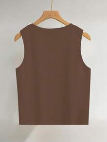 INAWLY Pearl Decor Round Neck Casual Versatile Women Sleeveless Top - Chocolate Brown - View 2