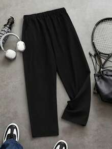 Pantalones rectos deportivos y de calle con gráfico de relámpago gótico para adolescentes, primavera/verano - Negro - Ver 2