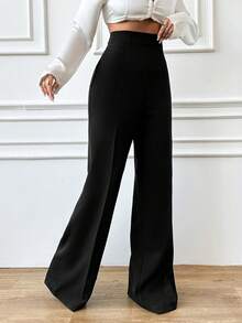 SHEIN Tall 高腰直筒休闲女式纯色高腰裤 - 黑色 - 查看 4