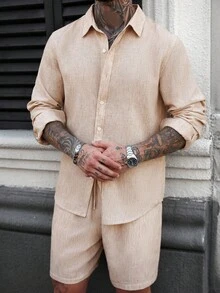 Manfinity Homme 男士翻领单排扣长袖衬衫和短裤休闲通勤套装 米色男士衬衫 杏色男士衬衫 卡其色男士衬衫 男士两件套亚麻套装 男士两件套西装套装 长袖衬衫配短裤 礼仪 - 卡其色 - 查看 7