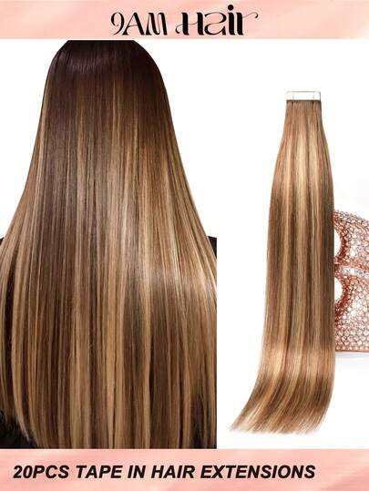 20 Peças Extensões de Cabelo Fita Cabelo Humano Ombré T4/P4/27 Balaiagem Marrom Até Loiro Caramelo Extensões de Cabelo Humano Saudáveis e Duráveis Extensões de Cabelo Fita Invisíveis