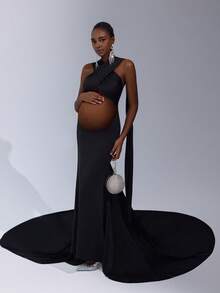 Cheriluna Maternity 纯色抹胸飘逸长款孕妇连衣裙，适合拍照 - 黑色 - 查看 5