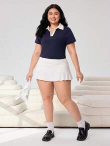 SHEIN EZwear 大码撞色领短款 T 恤，夏季 - 藏蓝色 - 查看 4