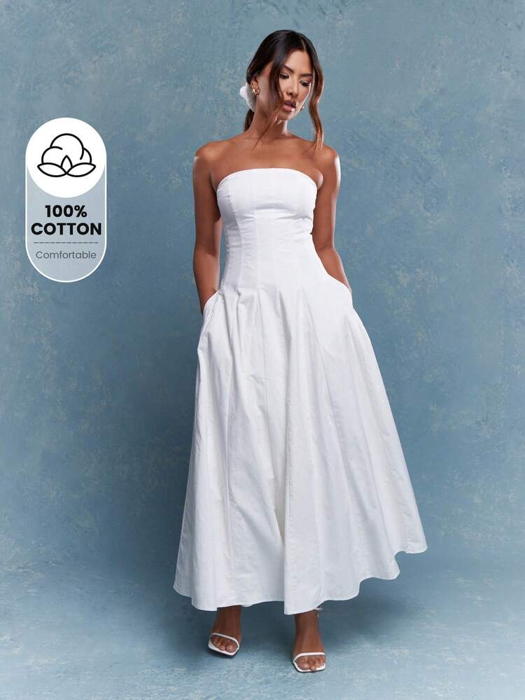 MISSGUIDED コルセット バスト プリーツ ストラップレス バンドゥ マキシドレス シュシュ 母の日 コーデ かわいいサンドレス