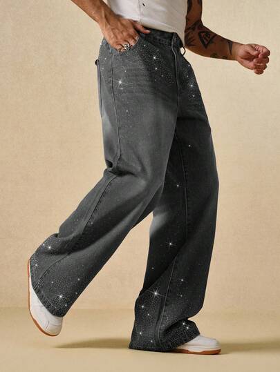 Street Life Jeans comodi con vestibilità dritta e ampia, decorati con strass per uomo