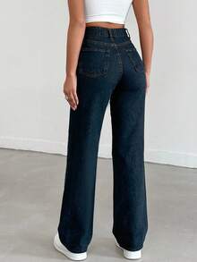SHEIN 100%Cotton Women's Wide Leg Denim Pants - Dark Wash - View 2