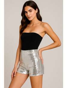 Short Sexy Lentejuelas Premium Brillantes Mujer Corte Alto Ajuste Estilizado Short Dama Ajustable Bolsas - plateado - Ver 2