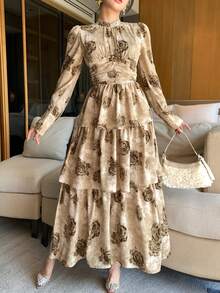 DAZY Beige Floral Print Chiffon Midi Dress,Elegant Pleated Waist Casual Autumn Style For Tea Party,Wedding,Christmas,New Year & Spring Fashionable Brown - Apricot - View 3