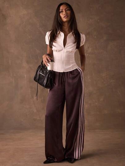 SHEIN BAE Women's Brown Wide-Leg Satin Elastic Belt Low-Rise Jogging Pants, Retro Country Style Casual, Creamy Candy Color/New Year Trousers/Casual Bottoms/Dark Brown Wide-Leg Trousers/Women's Wide Leg Pants/New Year Look Women 2026/Casual Women/New Year's For Women/Pants For Women