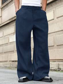 Manfinity Roghcode Plus Size Men's Casual Everyday Workwear Loose Fit Solid Color Slant Pocket Wide Leg Pants Navy Blue Pants Mens Wide Leg Pants Pleated Pants For Men Dark Blue Pants Wide Bottom Pants For Men