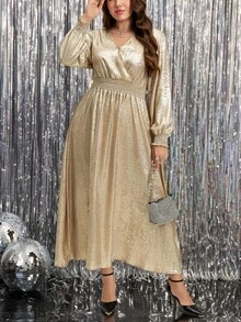 SHEIN LUNE 大码秋季服装 全印花褶皱豹纹长袖连衣裙/秋季连衣裙/秋季女装 秋季婚礼宾客礼服 优雅女装 商务休闲女装 工作连衣裙 商务连衣裙 秋季大码女装 圣诞节女装 新年女装 感恩节女装 感恩节女装 性感夜店女装 优雅奢华晚礼服 亮片连衣裙 - 金色 - 查看 7