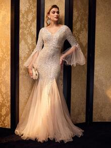 MOTF Soiréza Váy dạ hội dài chấm đất cổ chữ V sâu đính sequin dành cho nữ, tay áo dài xòe có tay áo và gấu váy bằng vải tuyn, chân váy đuôi cá nàng tiên cá và họa tiết hình bóng ôm sát, lý tưởng cho các buổi dạ hội, đám cưới và nhiều kiểu dáng khác nhau với trang sức và giày cao gót - Rượu sâm banh - Xem 6