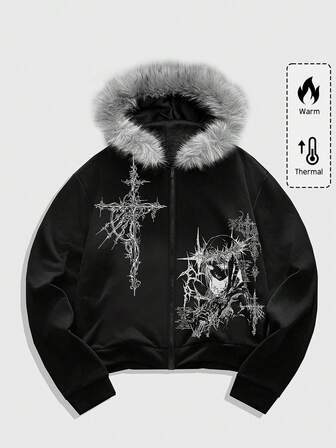 Goth Herren Langarm Kapuzenpullover mit Kreuz Muster, warm für den Winter