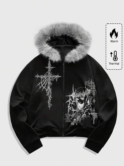 Goth Herren Langarm Kapuzenpullover mit Kreuz Muster, warm für den Winter