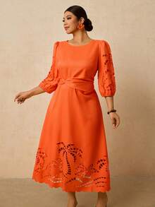 Travachic Plus Size Women Orange Maxi Dress, Round Neck Long Sleeve Embroidered Hollow Out Waist Cinched A-Line Dress, Romantic Date Travel Dress For Early Spring Casual Dress For Women Orange Dress