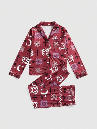 Women's Gothic Christmas Skeleton Deer Coffin Cobweb Snowflake Bat Cross Moon Bone Front Open Shirt Style Long Sleeve Pajama Set