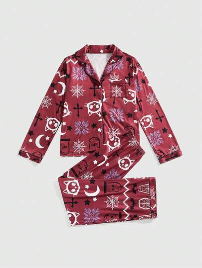 Women's Gothic Christmas Skeleton Deer Coffin Cobweb Snowflake Bat Cross Moon Bone Front Open Shirt Style Long Sleeve Pajama Set