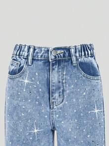 SHEIN ChillGRL Girls' Sparkling Rhinestone Jeans, Y2K Style, New All-Season Arrival, Light Blue Denim, Loose Wide-Leg Fit, Sparkling Rhinestone Finish, Fashionable, Simple, And Versatile Girls' Jeans, Comfortable Fine Cotton Denim Fabric, Comfortable To Wear, Suitable For Everyday Outings, School Commutes, Multiple Scenes, Multiple Styles, Easy To Match. Fashionable Girls' Jeans - Medium Wash - View 3