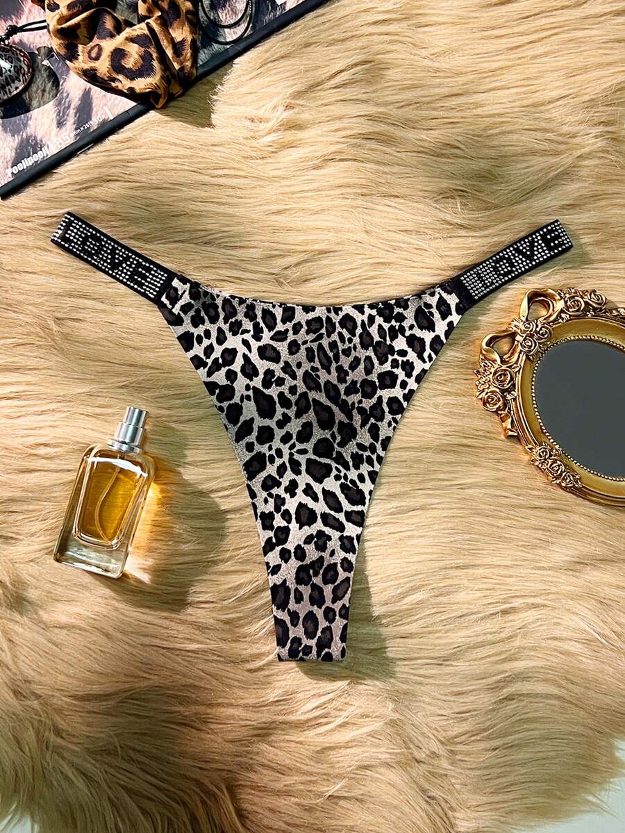 SHEIN Women's Fashion Leopard Print Rhinestone Decorated Thong Panties ClassicAnimalPrint - Multicolor - View 1