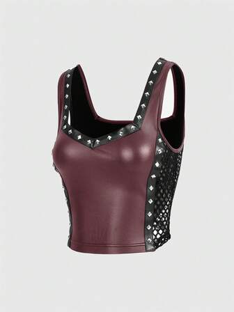 Damen Mode Street Punk PU Leder Nieten Dekor Seitennetz Mesh Ausschnitt Weste