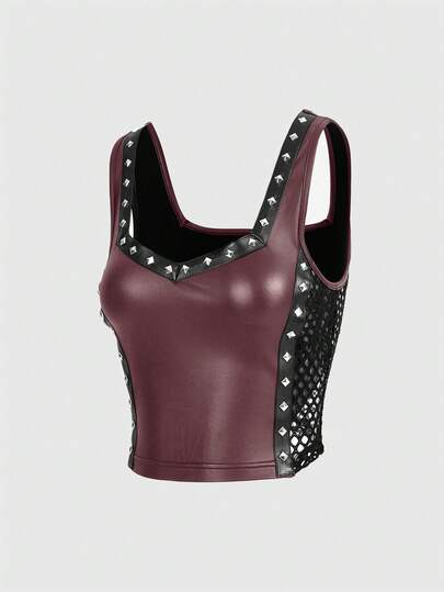 Chaleco de mujer de moda estilo punk callejero con decoración de remaches, malla lateral y diseño hueco de piel sintética