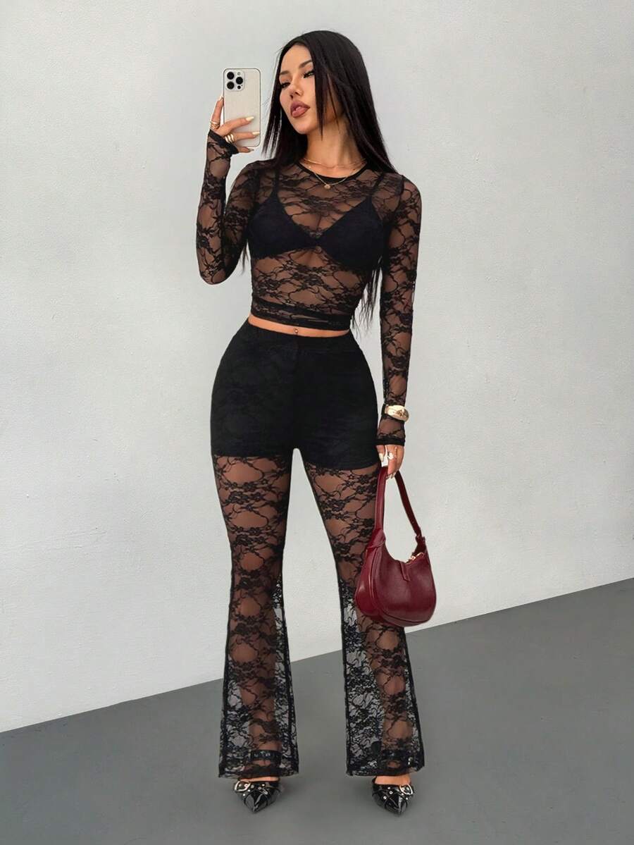 SHEIN PETITE 2pcs Women's Sexy Sheer Black Lace Top And Lace Pants Set, Stylish Design, Spring/Summer - Black - View 1