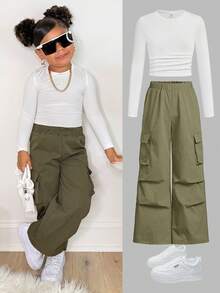 SHEIN 2 pièces/Set Jeunes Filles Blanc Tricot Pull T-Shirt Et Pantalon Ample, Tenue Décontractée Quotidienne Mode Polyvalente - Vert - Voir 1