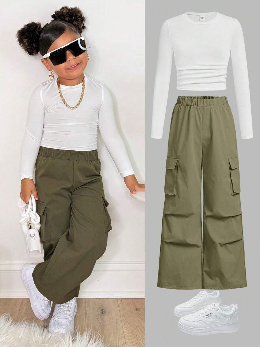 SHEIN 2 pièces/Set Jeunes Filles Blanc Tricot Pull T-Shirt Et Pantalon Ample, Tenue Décontractée Quotidienne Mode Polyvalente - Vert - Voir 1