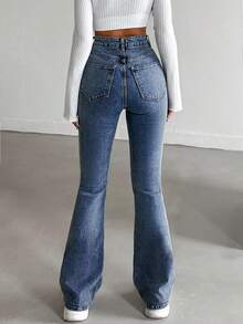 SHEIN 98%纯棉女士修身喇叭牛仔裤（高个尺码） - 中等水洗藍 - 查看 2