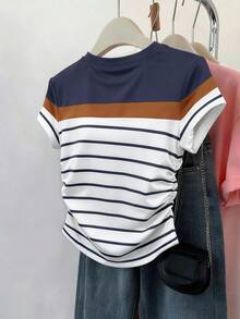 少女条纹印花修身腰部T恤 - 彩色 - 查看 2