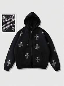 ROMWE MEN Men's Rhinestone Cross Graphic Zip Front Drawstring Hoodie Sweatshirt - Black - View 3