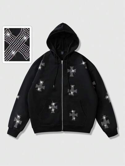 Sudadera con capucha con cremallera y cordón, con gráfico de cruz de rhinestone para hombres