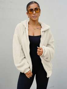 SAYEHFBABY 1 Stück Damen Fleece-Sweatshirt mit Kapuze Einfarbig, dick und warm, für Herbst/Winter, Langarm-Oberteil - Aprikosenfarben - Übersicht 1